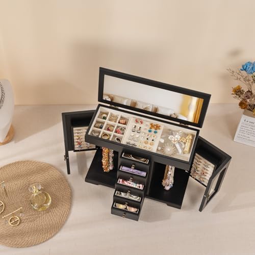 Miratino Jewelry Box for Women Girls, Wooden Jewelry Organizer Box with Mirror, 5 Layer Jewelry Storage Case Display for Necklaces Earrings Rings Bracelets Valentine's Day Gifts - Image 5