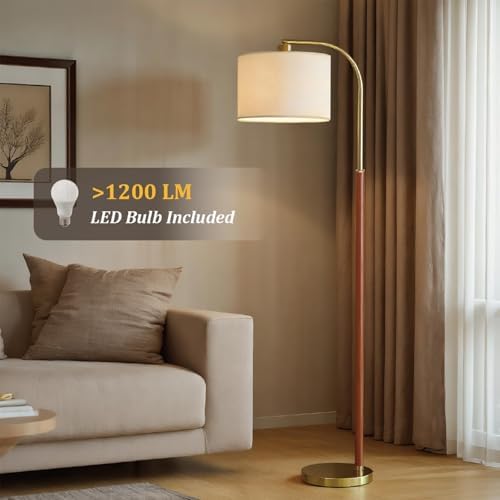 66” Walnut Gold Floor Lamp for Living Room, 1200 Lumens 3-Level Brightness Arc Floor Lamp for Bedroom, Wood Vintage Mid Century Modern Standing Lamp, Adjustable Lampshade, LED Bulb Included - Image 3
