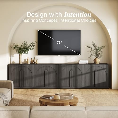 BELLEZE Set of 2 Bijou 64" Modern Buffet Sideboard, Mid-Century Arch Carved Wood Door Cabinet, Textured Storage Console for Living Room, Kitchen, Entryway - Ebony - Image 3