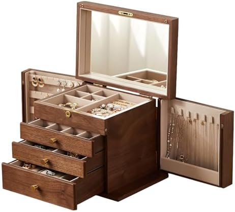 CHOSIN Black Walnut Wooden Jewelry Box for Women with Lock, Mirror, 4 Layer by CHOSIN