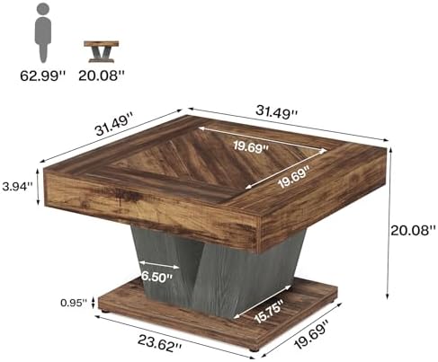 Tribesigns Square Coffee Table, Wood Center Table for Living Room, 31.5" Modern Cocktail Tea Accent Table, Rustic Brown & Black - Image 2