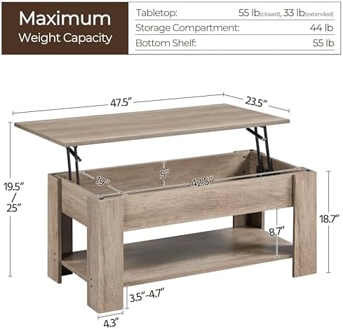 Yaheetech 47.2 in Lift Top Coffee Table with Hidden Storage & Shelf, Gray - Image 3