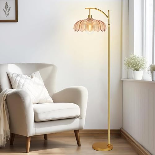 Arc Floor Lamp with 3 Color Temperatures,Gold Floor Lamp with Remote & 3 Color Temperature,Mid Century Modern Standing Lamp with Glass Lampshades,Vintage Tall Floor Lamps for Living Room Bedroom - Image 6
