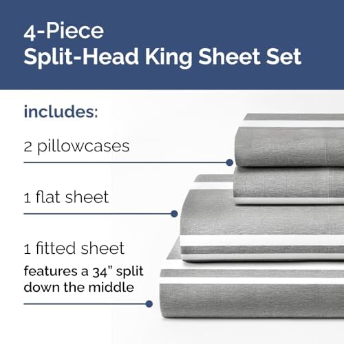 Flex Top Split Head King 4 Piece Sheet Set - Soft & Cooling - Grey Stripes - Image 3