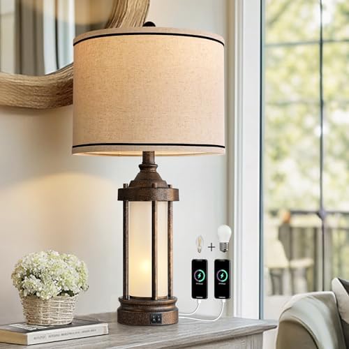 G-SAFAVA 25'' Table Lamp for Living Room Bedroom Farmhouse Metal Lamps with 2 USB Ports, Built-in Frosted Glass Night Light Vintage Industrial Nightstand Bedside End Lamp, 2 Bulbs Included, Bronze by G-SAFAVA