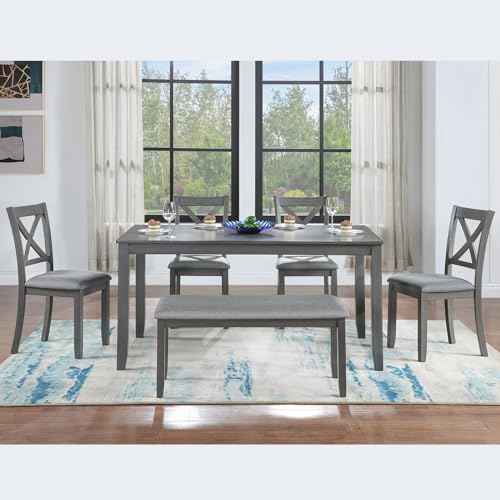 Merax 6-Piece Solid Wood Dining Table Set, Wooden Legs, Gray - Image 3