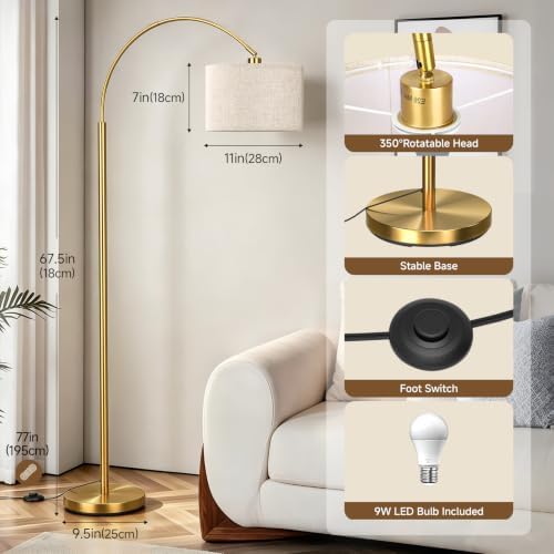 Arc Floor Lamps for Living Room, Gold Standing Lamp with Linen Shade - Image 4