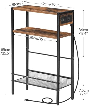 HOOBRO Small Narrow Side Table with Charging Station, Skinny End Table for Small Spaces, Slim Nightstand with USB Ports Outlet, Sofa Beside Table with Storage Shelf, Rustic Brown and Black BF102UBZ01 - Image 3
