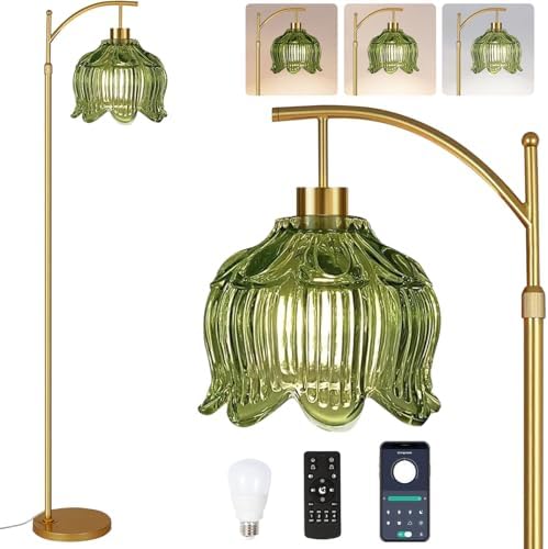 QIYIZM Green Floor Lamp for Living Room,Bedroom,Gold Dimmable Standing Lamp with Remote,Mid Century Modern Brass Tall Lamp Boho Floor Lamps Arc Vintage Glass Flower Floor Light Lamp Girls Bohemian by QIYIZM