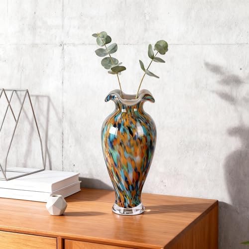 12.2H Murano Hand Blown Glass Vase, Ruffled Scalloped Rim Wide Mouth Colorful Decorative Flower Vase, Large Glass Centerpiece for Living Room, Bathroom, Office,Bookshelf, Entryway,Mantel Decor(Orange) - Image 2