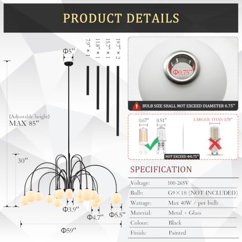 CATINER Modern 59" 18-Light Black Sputnik Chandelier with Milk Glass Globe - Image 3