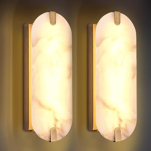 14.17in Alabaster Wall Sconces, Natural Marble Wall Light Set of Two, Modern LED Alabaster Sconces for Living Room Indoor Wall Lamps for Dining Room Stairs Bedroom,Brushed Gold by DLUCE
