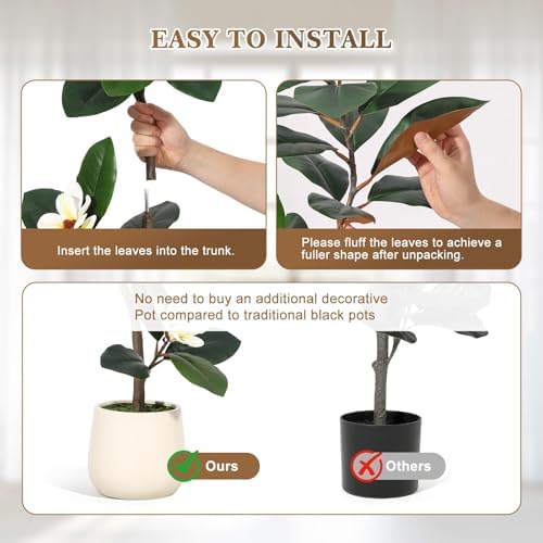 7FT Tall Lifelike Artificial Magnolia Tree with 8 Pcs Magnolia Flowers in White Planter Pot, Rubber Tree Faux Plants Indoor Artificial Plants & Flowers for Home Office Living Room Decor - Image 4