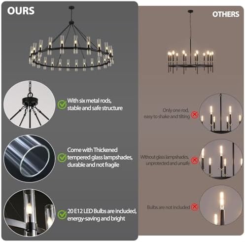 Black Wagon Wheel Chandelier, 70 Inch Glass Chandeliers, 24 Light Chandelier for High Ceiling, Modern Farmhouse Chandeliers for Living Room, Dining Room, Entryway, Stairwell(Bulbs Included) - Image 6