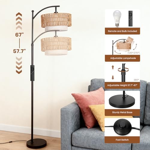Arc Floor Lamp for Living Room with Remote, 57.5"-67" Height Adjust Dimmable Bulb Floor Lamps with 3 Color Temps, Boho Standing Lamp with Rattan & Fabric Shades, Farmhouse Tall Lamp for Bedroom Corner - Image 4