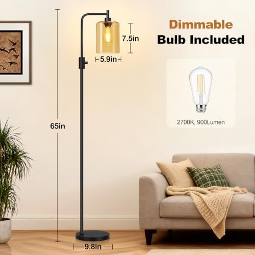 【Upgraded】 Dimmable Floor Lamp for Living Room with Amber Glass Lampshade, Black Modern Glass Floor Lamp with 900LM LED Bulb Included, Arc Standing Tall Lamp for Bedroom, Office, Reading Room, Corner - Image 7