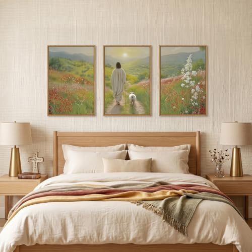 LHIUEM Large Jesus and Lamb Christian Framed Canvas Wall Art,Leaves The 99 Sheep Wall Decor,Mountain Sunset Flower Bible Artwork for Living Room,Bedroom,Dining Room,Office -24''x36''x3 - Image 4