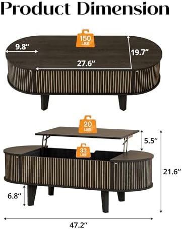 Oval Lift Top Coffee Table with Storage, Fluted 47" Wood Mid Century Modern Coffee Table for Living Room, Black - Image 3