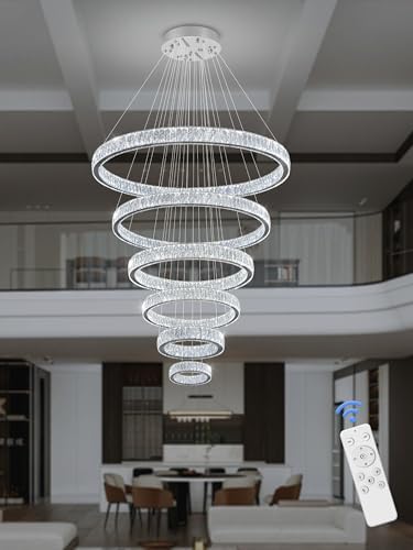 Extra Large 6 Ring Crystal Chandelier Modern LED Long Crystal Chandelier for High Ceiling Height Adjustable D8+15.7"+23.6"+31.5"+39.4"+47.5" Dimmable 2700K-6000K - Image 5