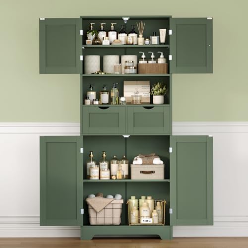Iwell 58" H Tall Bathroom Storage Cabinet with 2 Drawers & 2 Adjustable Shelves, Bathroom Cabinet with 4 Doors, Tall Cabinet for Living Room, Dining Room, Entryway, Forest Green - Image 7
