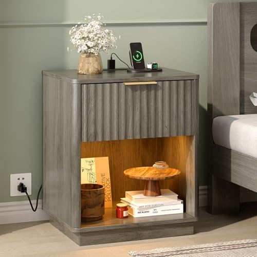 VINGLI Night Stand with Charging Station & Led Light, 19" W Fluted Nightstand Round Edge, Wood Nightstand Mid Century Modern End Table, Bed Side Table for Bedroom, Living Room, Gray Oak by VINGLI