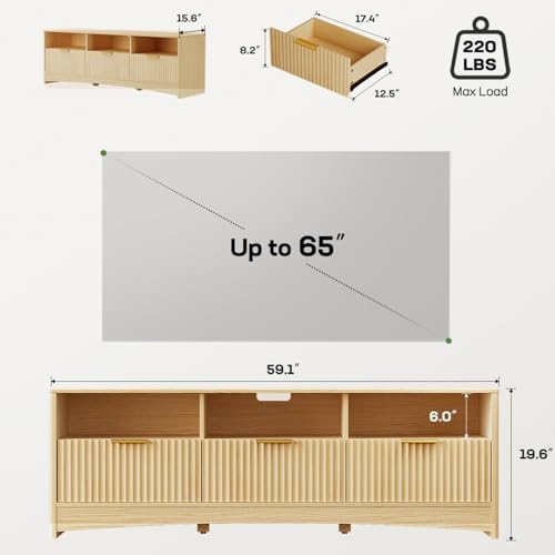 Marsail Fluted TV Stand for 65 inch TV, Modern Entertainment Center with Drawers, Boho TV Stands Wood Media Console Cabinet with Storage and Shelves, TV Consoles for Living Room, Bedroom, Oak - Image 2