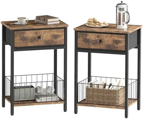 Night Stand Set 2, Night Stand with Drawers, Industrial nightstand, Nightstand with Fabric Bins, Bedside Table End Table for Bedroom, Closet, Entryway, College Dorm, Rustic Brown LNT0061BR2 by Unknown