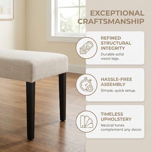 HNY Farmhouse Upholstered Dining Bench Seat Set of 2, 45" Linen Fabric Entryway Bench with Black Wood Legs, Mid Century Modern End of Bed Bench for Kitchen Bedroom Living Room Hallway, Beige - Image 5