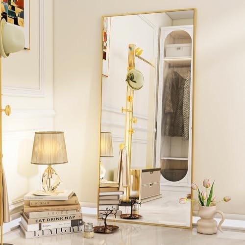 VooBang Full Length Mirror, 71" x 26" Floor Mirror with Stand, Aluminum Alloy Frame Full Body Mirror, Standing Hanging or Leaning Against The Wall for Bedroom Living Room, Gold - Image 2