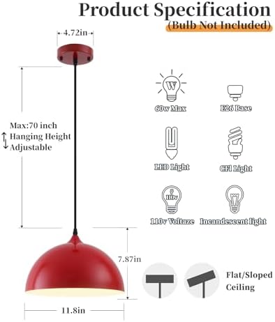 Industrial Pendant Light Fixtures,11.8" Red Dome Pendant Light Over Kitchen Island 3 Pack, Adjustable Vintage Ceiling Hanging Lamp for Bedroom Restaurant Bar Cafe Dining Room Sink - Image 2