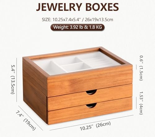 Clasin Home Jewelry Box with Glass Lid, 3 Layer Jewelry Organizer for Women, Solid Wooden Jewelry Box Display for Ring Earrings Necklace Bracelet, Pine Wood Jewelry Boxes Vintage Style for Gifts - Image 3