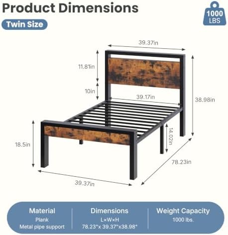 Sweetcrispy Twin 14 Inch Bed Frame with Wood Headboard, Rustic Brown - Image 2
