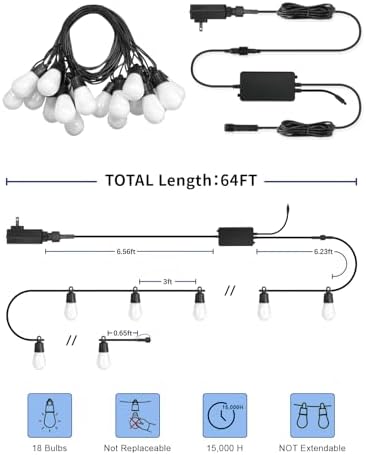 Outdoor String Lights 18 LED Bulbs, 64(52+12) ft RGB+IC+Warm White - Image 6
