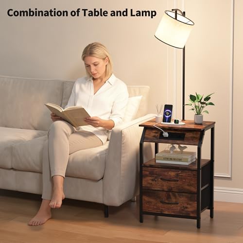 End Table with Floor Lamp, Nightstand with Charging Station, Floor Lamp Table with 3-Color Temperature Bulb, Bedside Table Night Stand with 2 Drawers for Bedroom, Living Room, Brown - Image 4