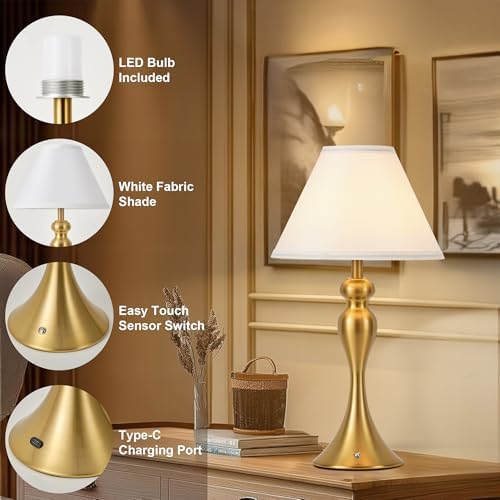 Cordless Table Lamp Rechargeable, Battery Night Light Fabric Shade, Brass - Image 6