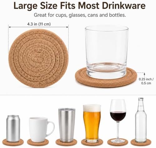 ABenkle Woven Coasters for Drinks Set of 6, Boho Absorbent Drinking Coaster, 4.3 Inch - Perfect Housewarming Gift, Home Decor, Bar Essentials for Coffee Table - Image 2