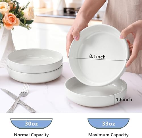 LIANYU Pasta Bowls Set of 4, 33oz Large Stoneware Salad Bowls, Wide and Shallow Serving Pasta Plates for Kitchen, Microwave and Dishwasher Safe, Snowy White - Image 2