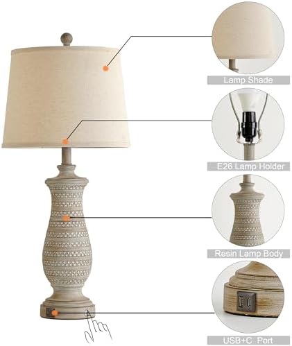 Farmhouse Table Lamps for Living Room Set of 2, Touch Lamps for Nightstand with Dual USB Charging Port, Bedside Table Lamp for Bedroom, 2 Bulb Included - Image 6