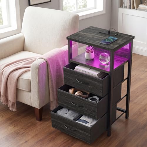 Fixwal Night Stand with 3 Fabric Drawers, Nightstand with Charging Station - Image 6