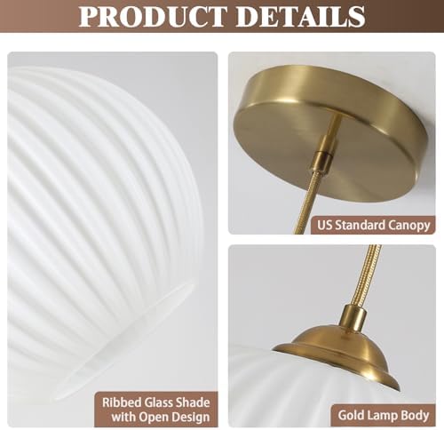 KCO Mid Century Modern Gold 7.9” Ribbed White Glass Pendant Light Set of 2 - Image 3