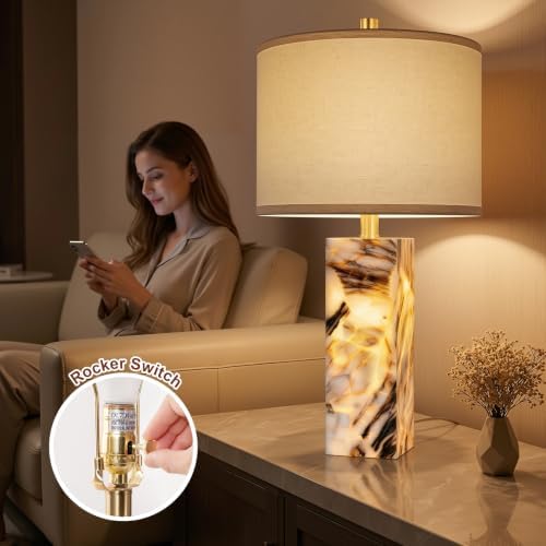 Scenekoy 23" Alabaster Table Lamps Set of 2 with Night Light for Bedroom - Image 4