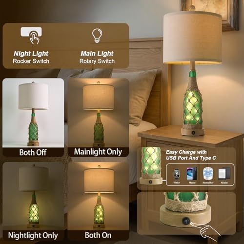 OYEARS 23'' Boho Table Lamps with Night Light for Living Room, Bedside Lamps Set of 2 with A+C Charging Ports for Bedroom, Farmhouse USB Lamps for Nightstand Console, Glass Bottle Rope Base, Green - Image 3