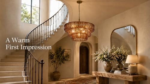 3-Tier 26 Inch Amber Crystal Glass Chandeliers, Modern Round Luxury 7 Lights Hanging Pendant Light Fixture, for Dining Living Room, Bedroom, Foyer, Entryway(Included E12 Bulbs) - Image 2