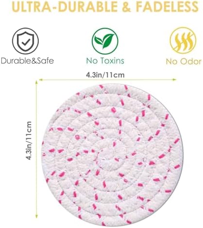 Drink Coasters 8 Pack with Holder, 4-Color Cotton Woven Absorbent Coasters Set, Minimalist 4.3in Cup Mat for Home Decor, Dining Table, Living Room, Tabletop-Protection for Coffee Beverage-Pink - Image 2