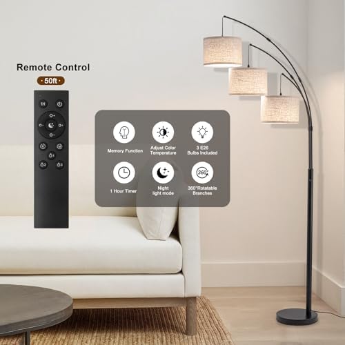 3 Light Arc Floor Lamp with Remote, Beige Shade Black Pole - Image 3