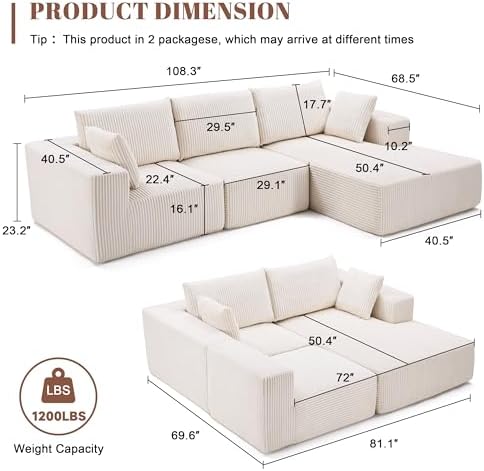 Weture 108" Boneless Couch with Chaise, Modular Sofa with Deep Seat, Beige - Image 3