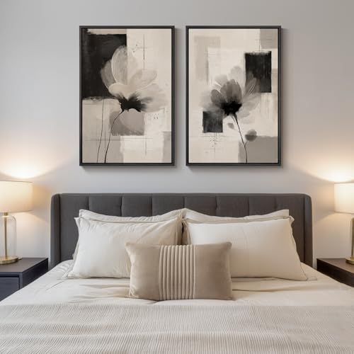 Large Framed Neutral Abstract Floral Wall Art for Living Room, 24x36 In - Image 3