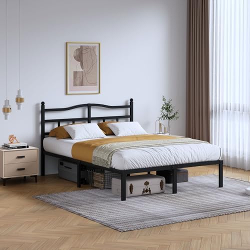 SHOANED 14 Inch Metal Bed Frame - Full Size Heavy Duty Bedframe with Headboard Black Basic Steel Slats Platform No Box Spring Needed/Easy Assembly/Noise Free by SHOANED