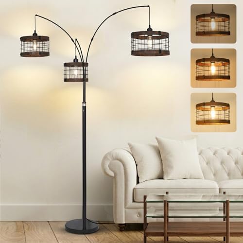 3-Lights Vintage Wood Floor Lamps for Living Room, Black Arc Floor Lamp for Bedroom, Industrial Standing Lamp for Office, Dimmable Tall Lamp, Arched Corner Floor Lamp, Over Couch Reading Lamp by Airposta