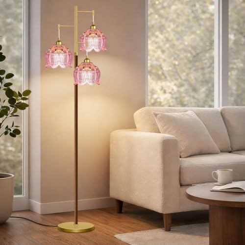 QIYIZM Pink Floor Lamp for Living Room,Bedroom,Glass Mid Century Modern Standing Lamp Brass Tree 3 Light Tall Floor Lamps Wood Vintage Retro Gold Floor Lights Standing Flower LampShade Boho Bohemian - Image 7
